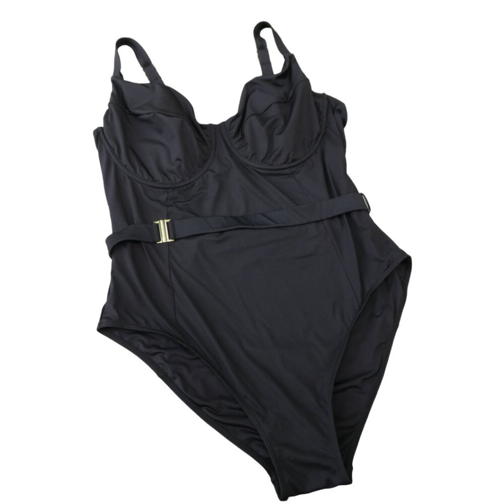 City Chic Underwire 1 Piece Swimsuit Black Belted Gold Hardware Cut Out Back L
